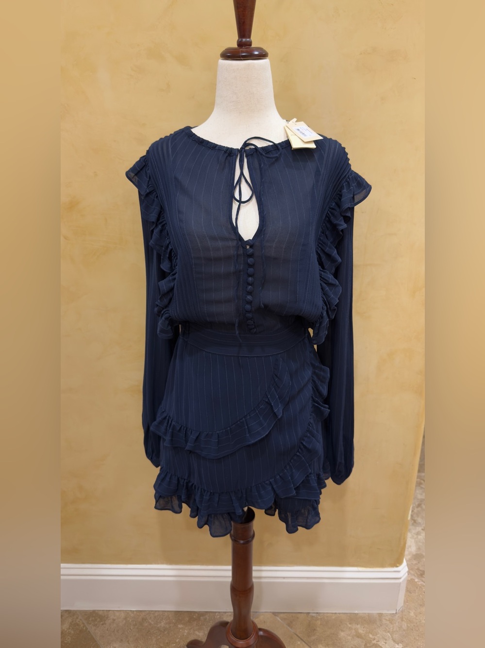 Maje Istra Navy Pinstriped Ruffled Romper FR 36 NWT